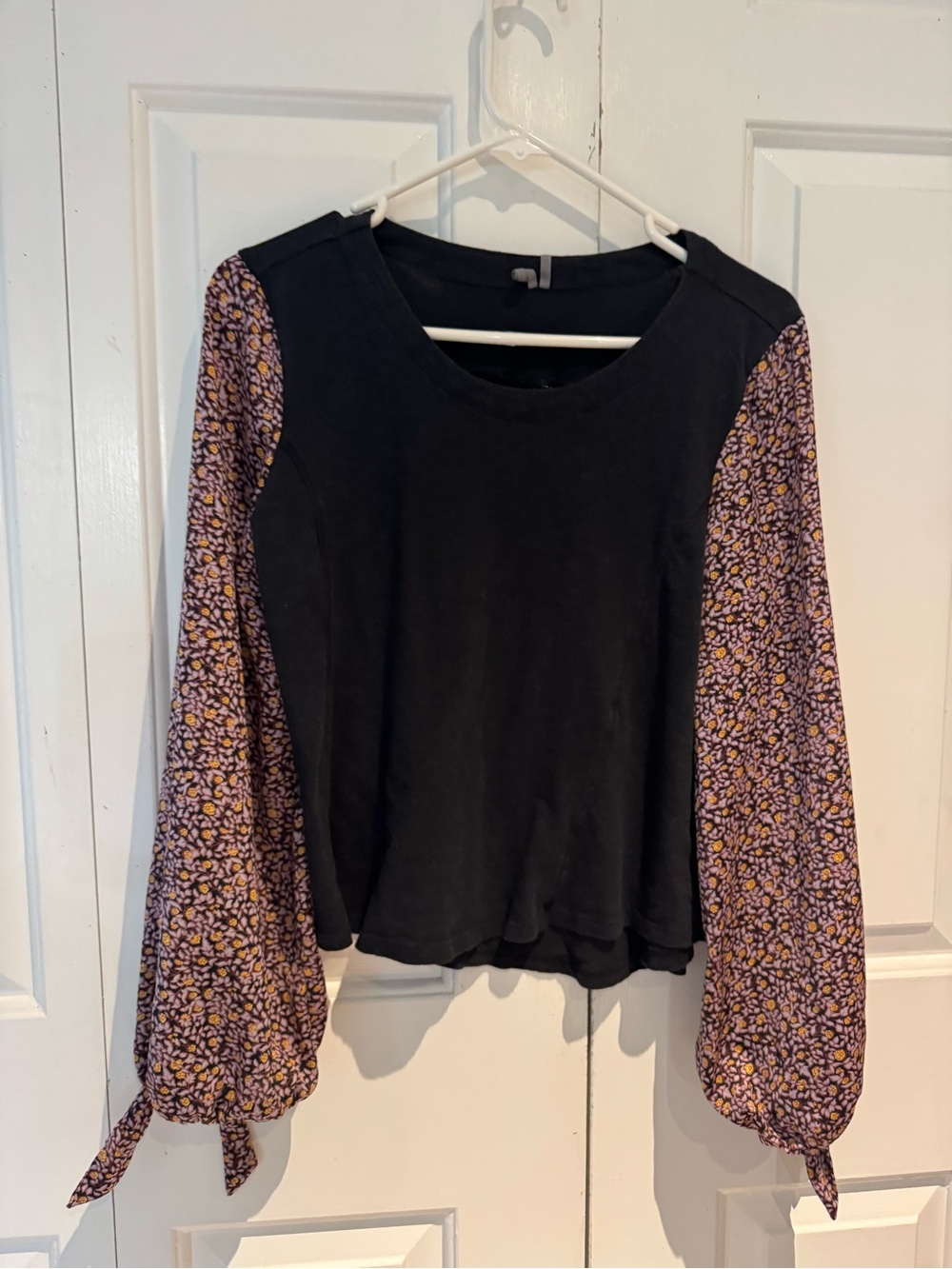 Anthropologie Black Bodice Top with Purple and Yellow Floral Balloon Sleeves